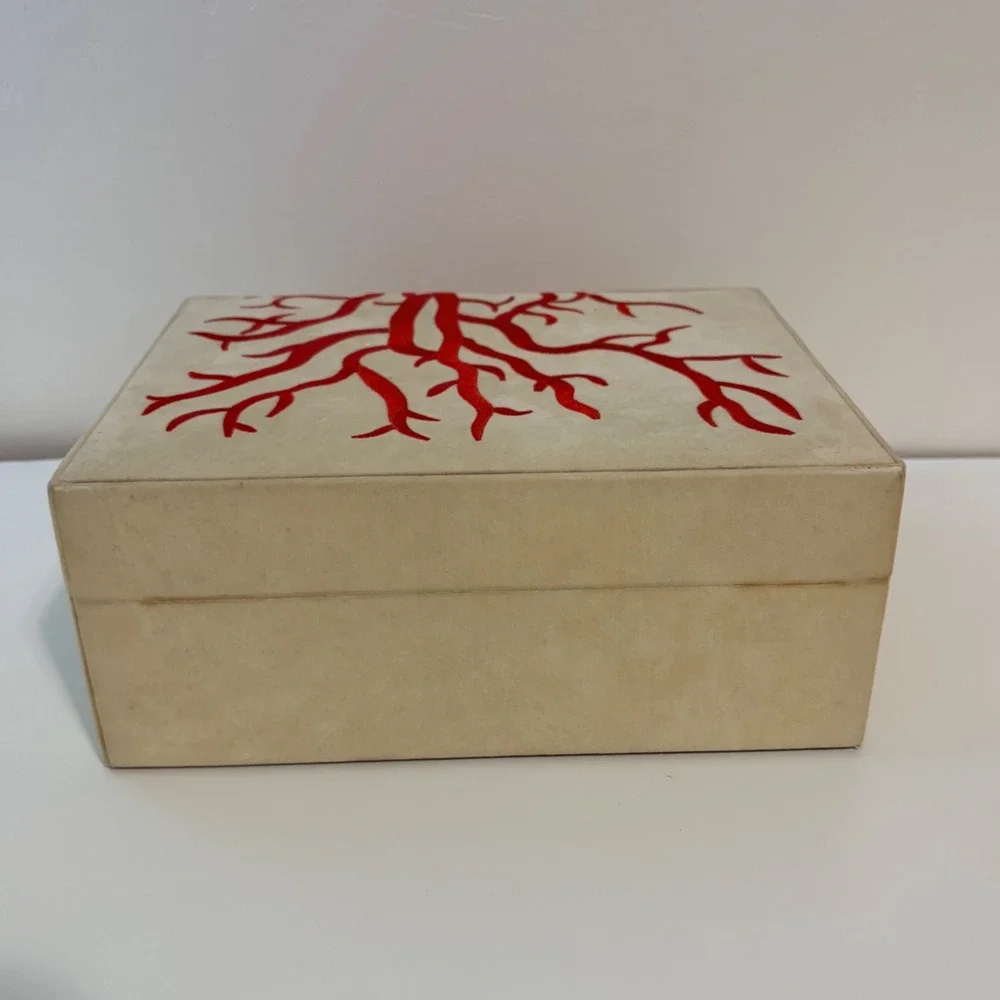 Jewelry Box Coral Embroidered Coastal Cream Red Organizer Small Mirror